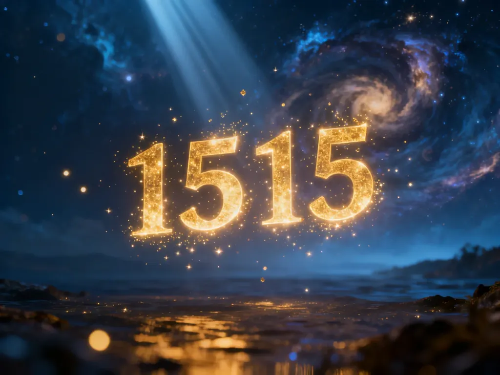 Świecąca liczba 1515 unosząca się w kosmicznej przestrzeni, symbolizująca mistyczne znaczenie numerologiczne.