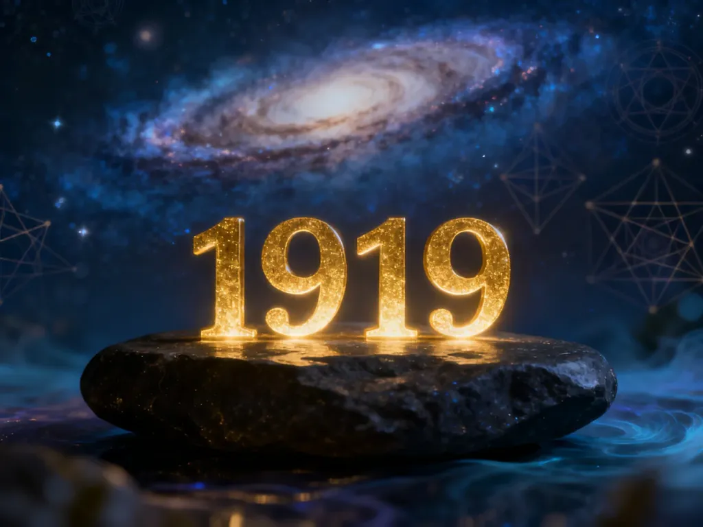 Złota liczba 1919 lśniąca na kamiennej powierzchni na tle kosmicznej mgławicy i świętej geometrii.