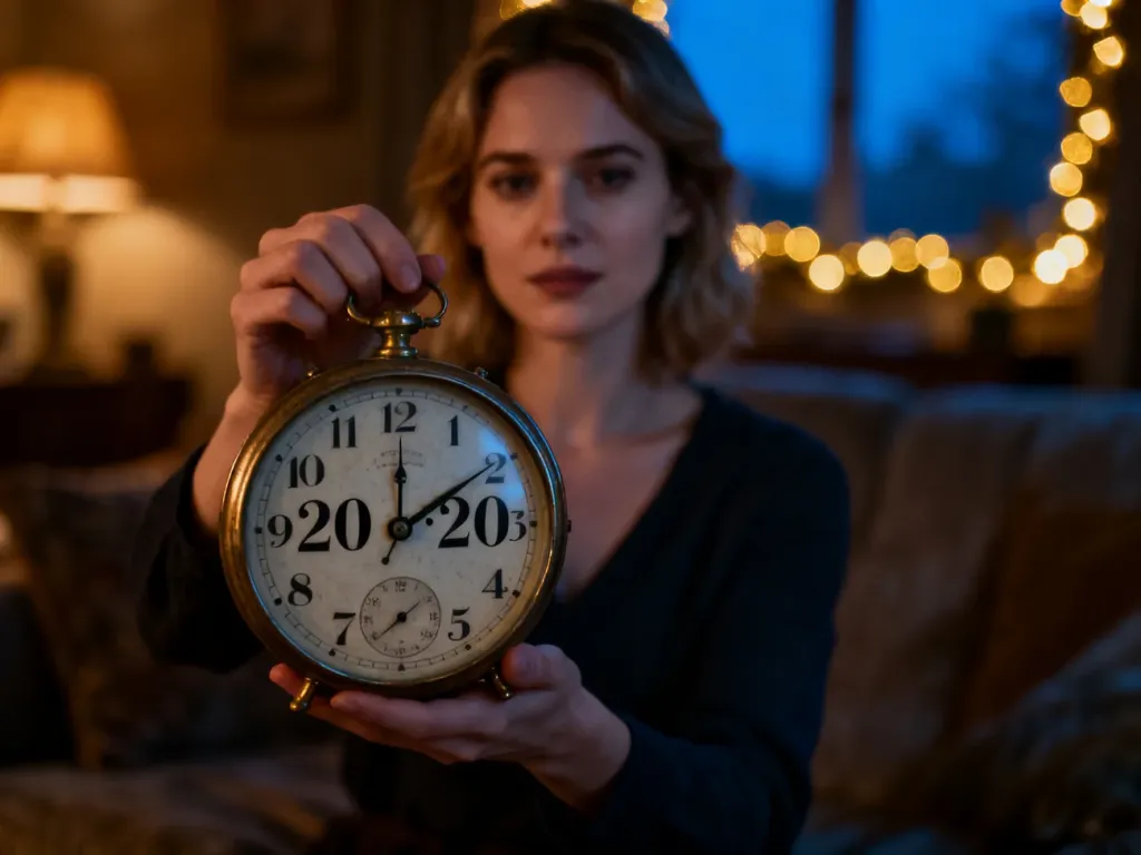 Zegarek analogowy wskazujący godzinę 20:20 trzymany w dłoni na tle przytulnego, wieczornego salonu.