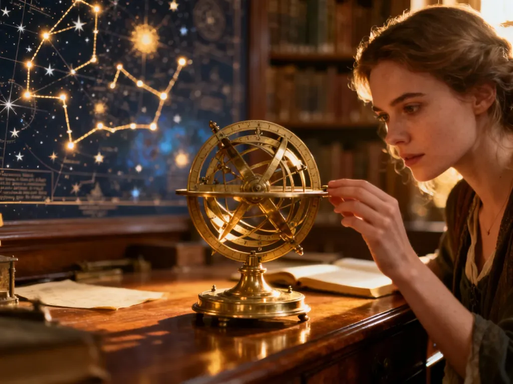 Kobieta badająca zabytkowy astrolabium w bibliotece pełnej map nieba, co ilustruje proces wyznaczania ascendentu.
