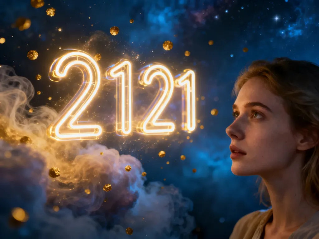 Kobieta zamyślona nad świecącą liczbą 2121 w otoczeniu kosmicznej mgławicy, symbolizująca mistyczne znaczenie tej sekwencji.