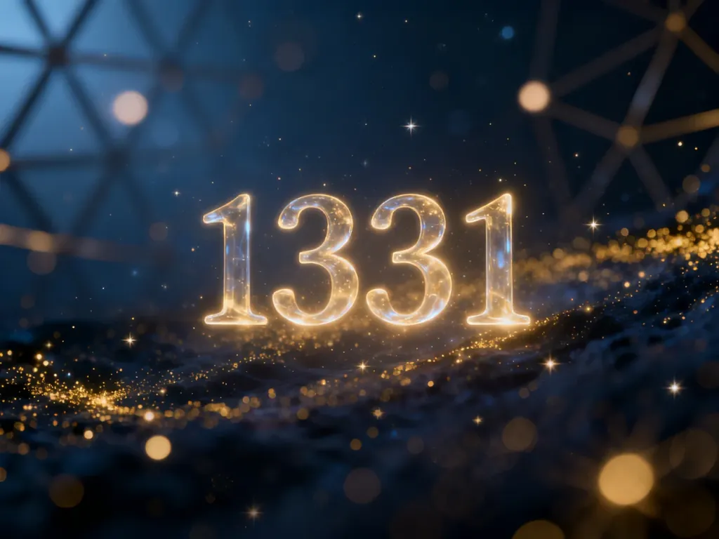 Świecąca liczba 1331 unosząca się w kosmicznej przestrzeni wypełnionej złotym pyłem i mistycznymi wzorami.
