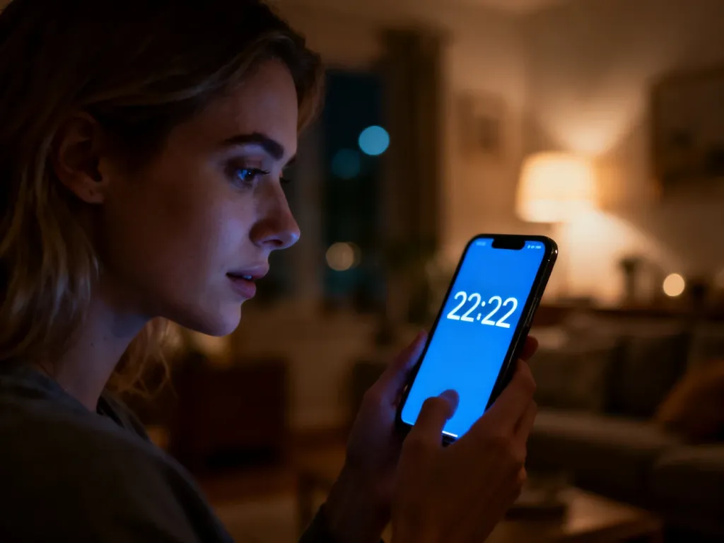 Kobieta w przyciemnionym pokoju patrzy na ekran smartfona wyświetlający godzinę 22:22 w mistrzowskiej atmosferze.