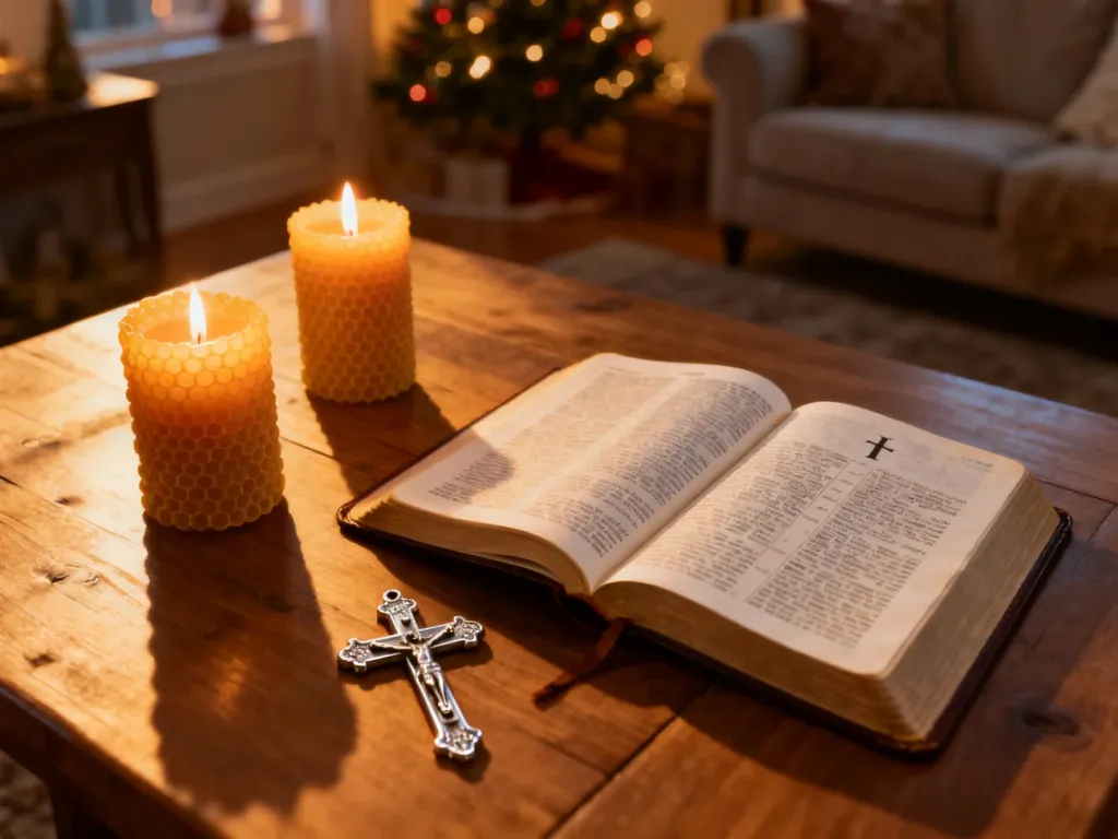 Otwarta Biblia, krzyż i zapalone świece na stole, tworzące atmosferę modlitwy podczas wizyty duszpasterskiej.