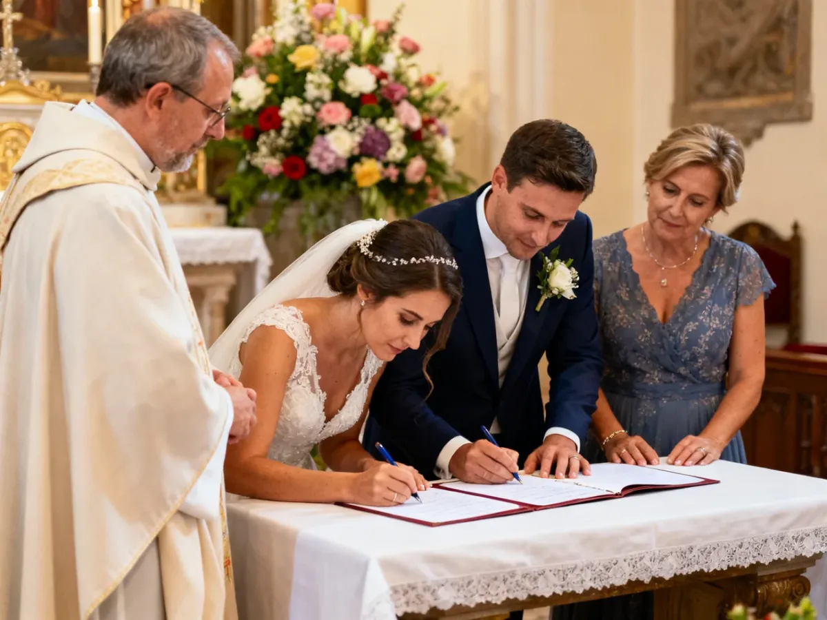 Nowożeńcy, świadkowie i duchowny podpisują dokumenty po ceremonii ślubnej