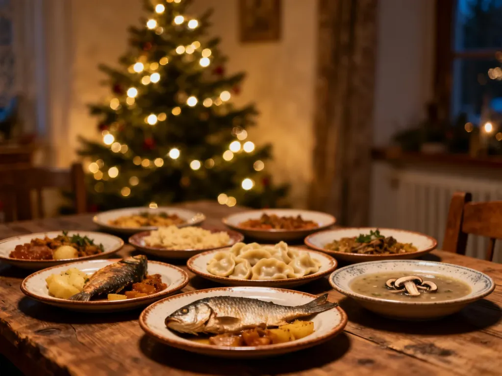 Tradycyjny wigilijny stół z dwunastoma potrawami, w tym karpiem i pierogami, w przytulnym, świątecznym wnętrzu.
