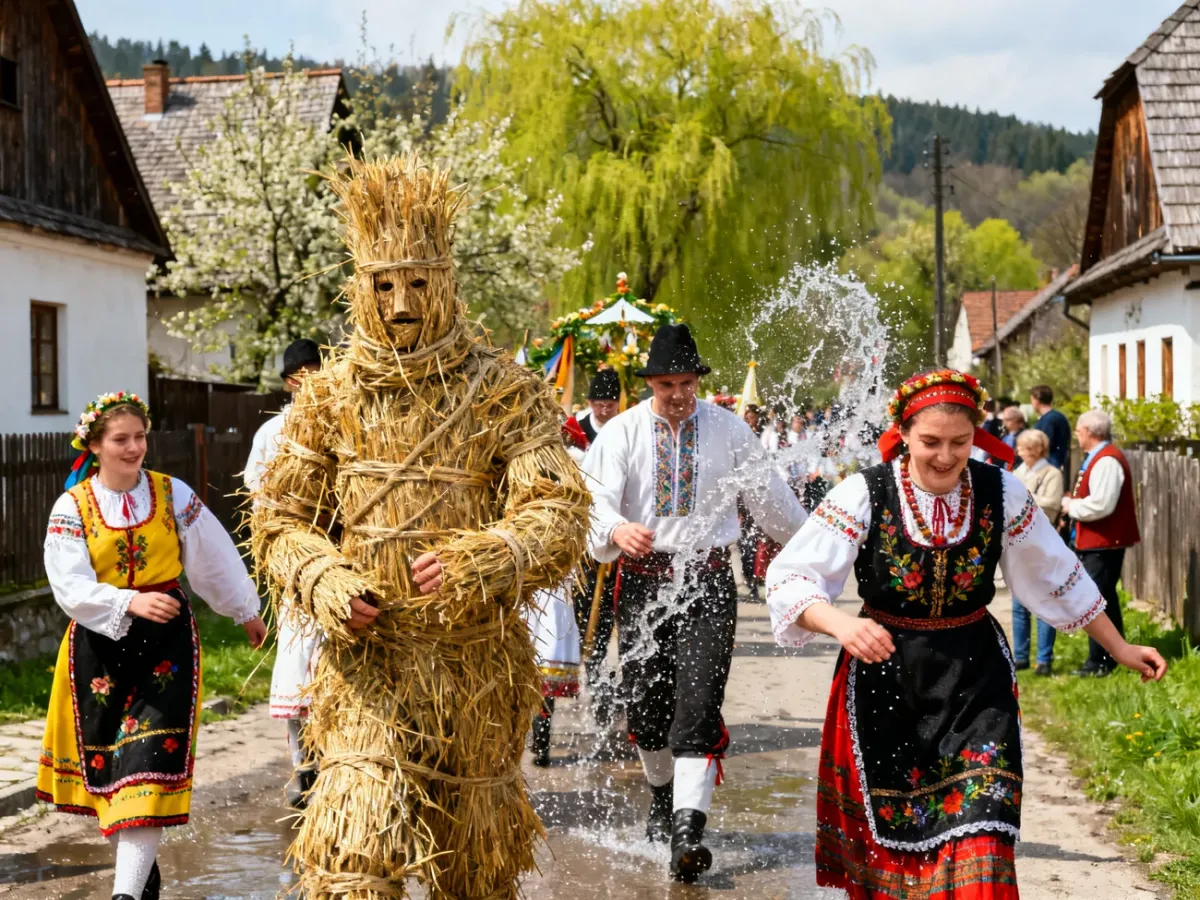 Regionalni przebierańcy podczas tradycyjnego śmigusa-dyngusa