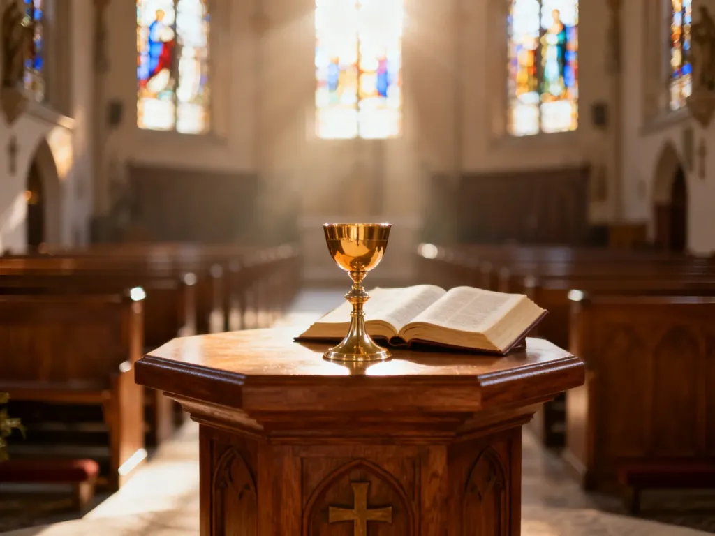Wnętrze tradycyjnego kościoła z ołtarzem, kielichem i księgą liturgiczną w świetle poranka, budujące nastrój skupienia.