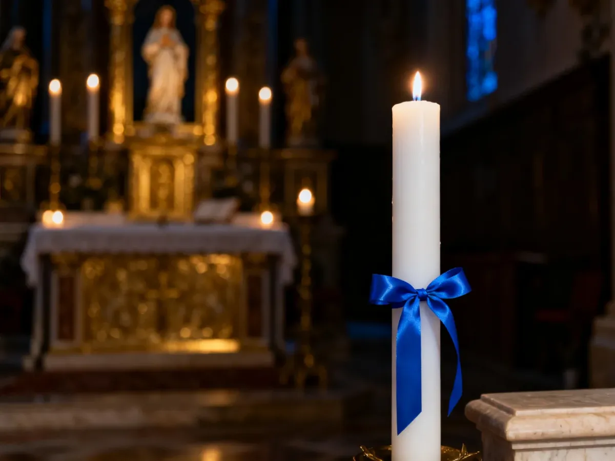 Biała roratka przewiązana niebieską wstążką przy ołtarzu