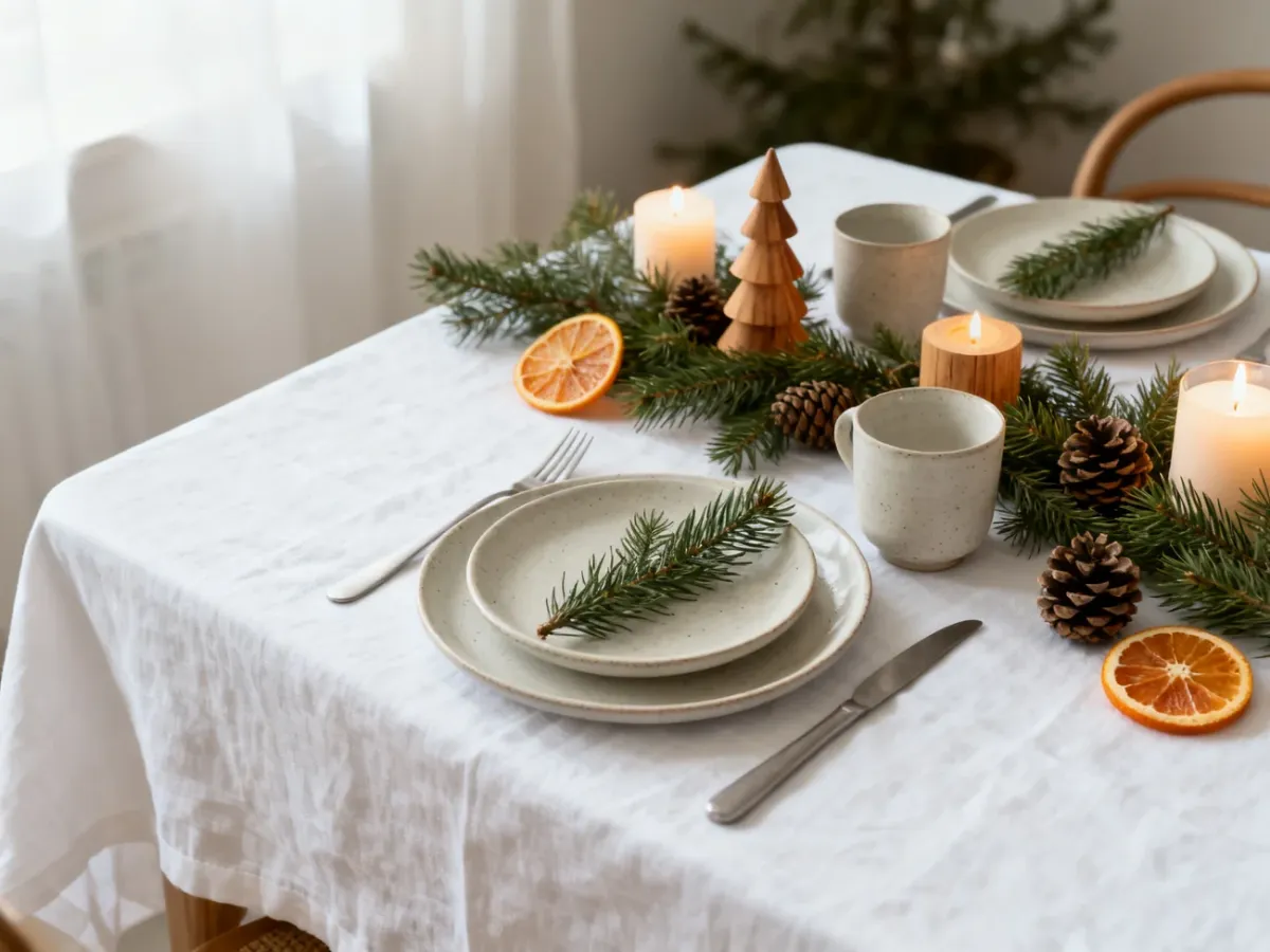 Elegancko udekorowany stół wigilijny z naturalnymi ozdobami