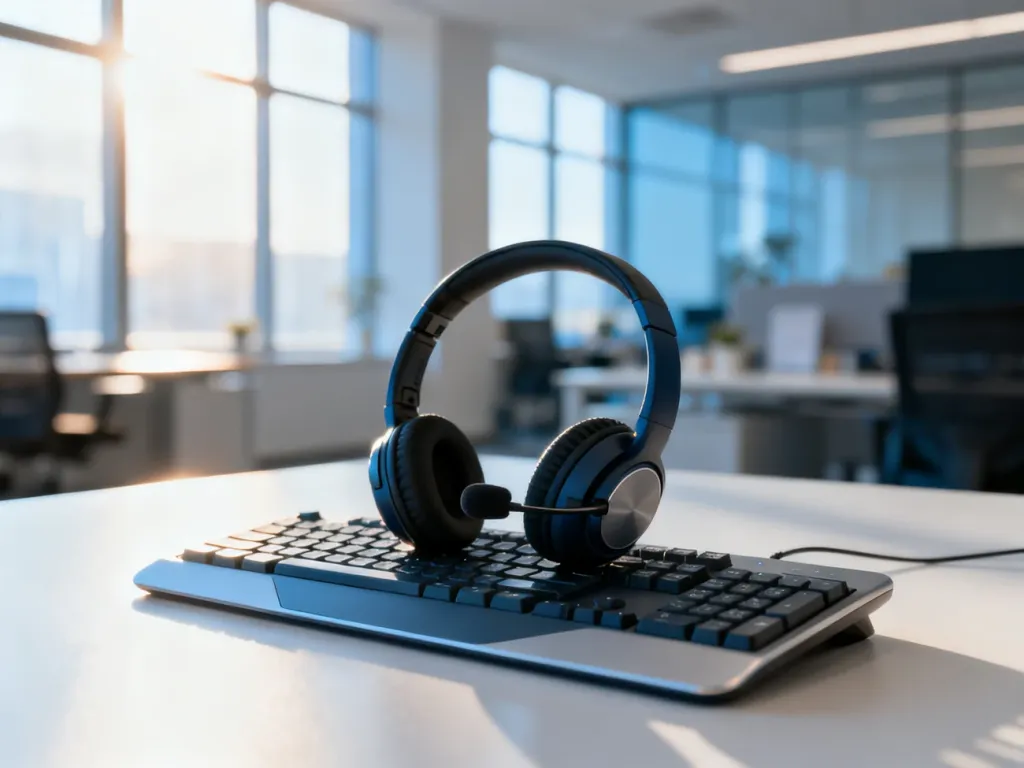 Nowoczesne stanowisko pracy w call center ze słuchawkami na biurku w jasnym, uporządkowanym biurze typu open space.