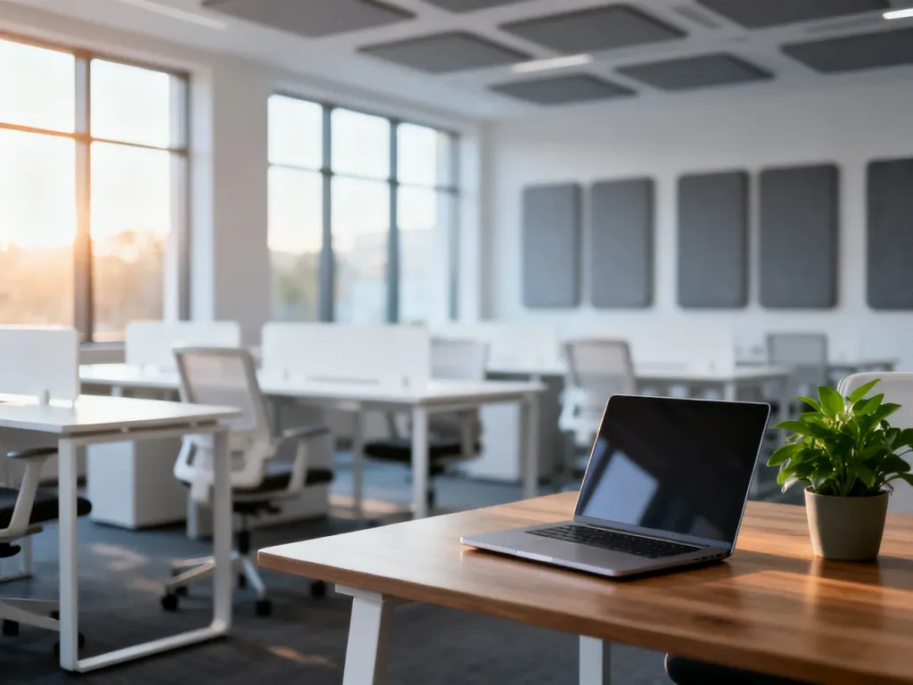 Nowoczesne wnętrze biura typu open space z minimalistycznymi stanowiskami pracy, roślinnością i naturalnym oświetleniem.