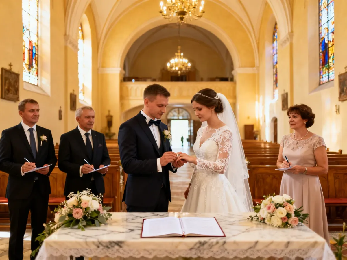 Para młoda wymienia obrączki podczas ceremonii w kościele w obecności świadków